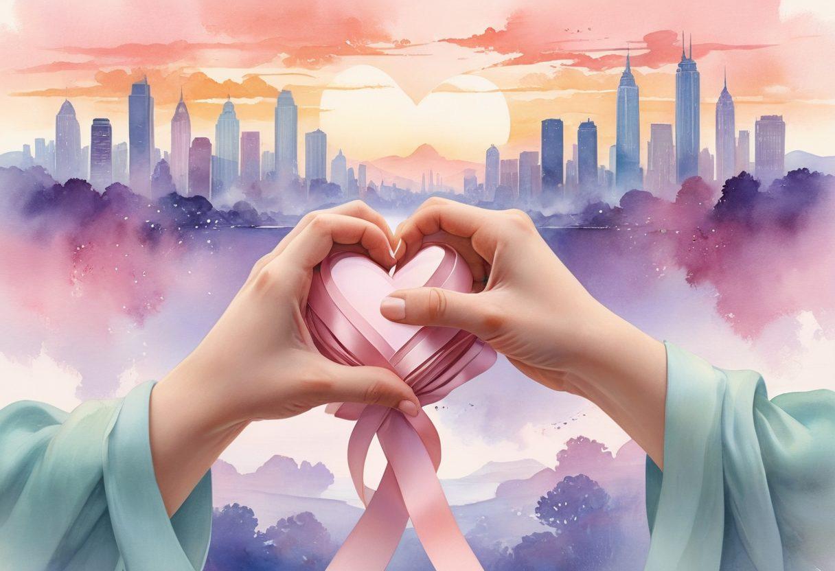 A warm, inviting illustration of two hands gently holding a heart, intertwined with a flowing ribbon that symbolizes policy documents. In the background, a peaceful landscape merges into a city skyline, representing the harmony between love and governance. The color palette should be soft and comforting, with pastel tones enhancing the emotional appeal. Artistic style should lean towards watercolor with a slight impressionist touch for a dreamy effect.
