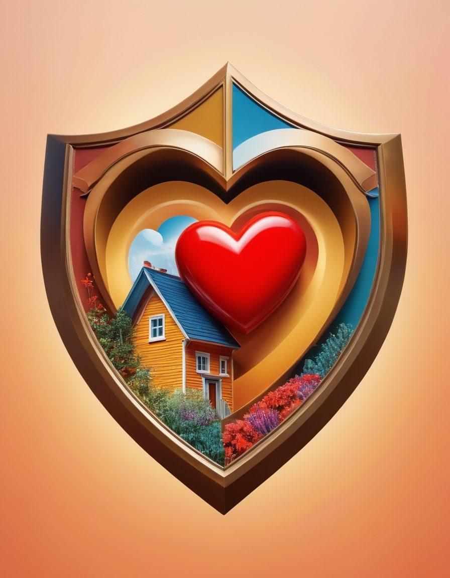A heart symbol intertwined with a shield, representing love and protection. Surround this emblem with icons of couples, homes, and assets, illustrating the security insurance provides to relationships. Use warm colors to evoke emotion, with a soft-focus background of people sharing joyful moments together. enhance the visual with gleaming overlays to signify safety and security. vibrant colors. 3D.