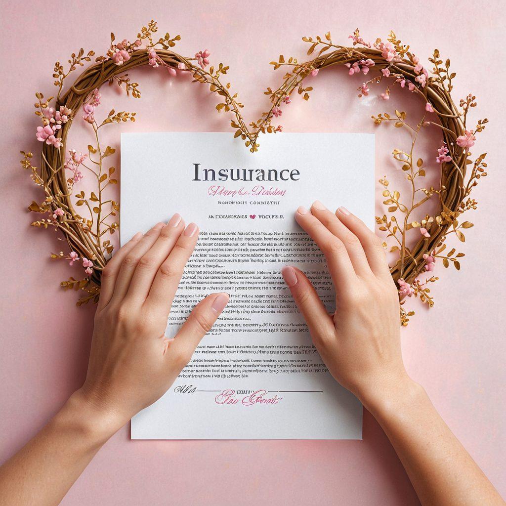 A heart-shaped insurance policy document intertwined with golden vines of affection, radiating warmth and financial security. Soft pastel colors of pink and gold fill the background, symbolizing love and protection. A couple holds hands underneath the document, representing unity and trust. Light sparkles around them to signify hope and security. super-realistic. vibrant colors.